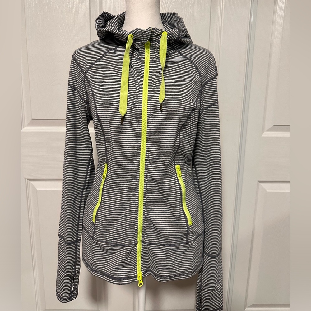 Zella Hooded Grey/White Stripe/Neon Green Zip, Zip up Jacket*2 Way Zipper size M